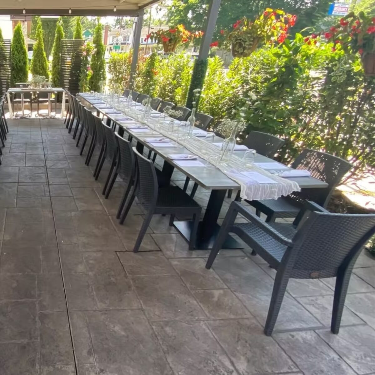 Square detail image of restaurant interior styling and table base finish at Villaggio Iccara.
