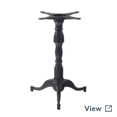 Black cast iron commercial pedestal table base used with Zebrano table tops at Five 13 Liquor Lounge.