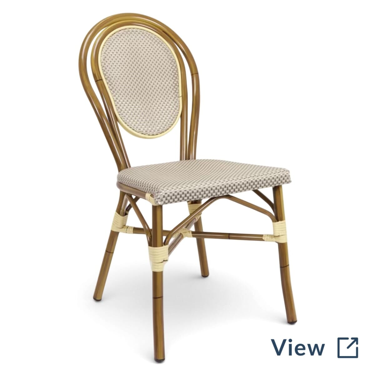 Bamboo-look stackable aluminum frame chair with textilene mesh seat and back (R100).