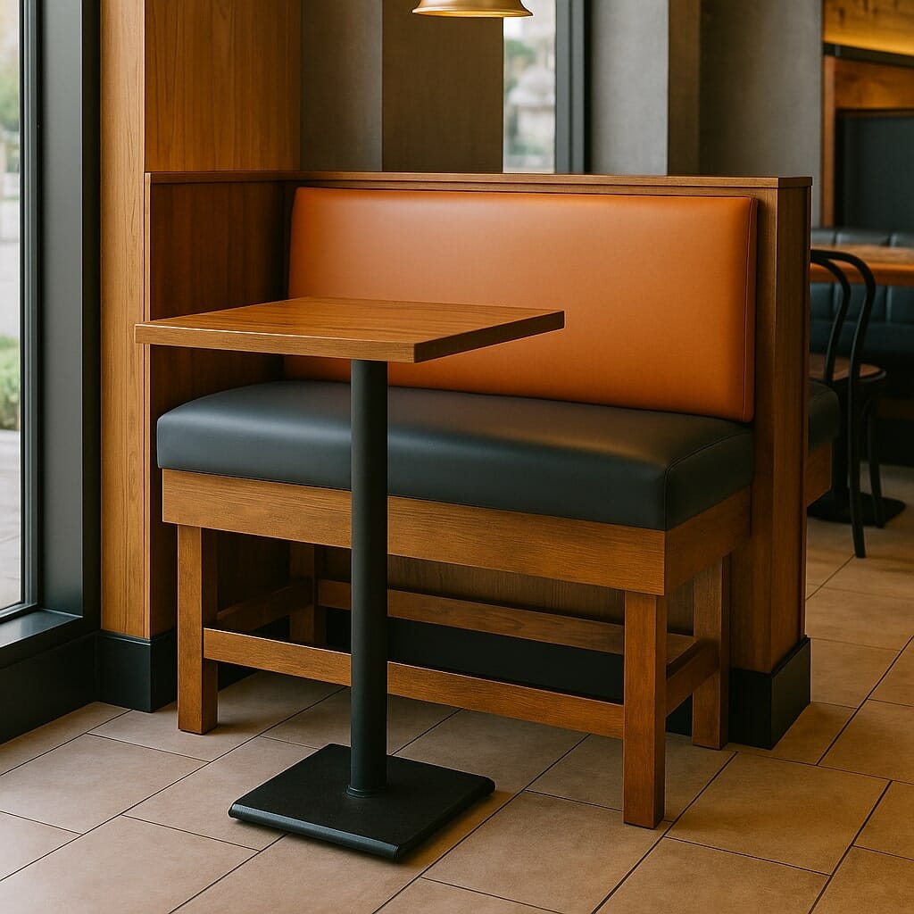 Bar height restaurant booth seating for two to four guests, designed to pair with bar tables
