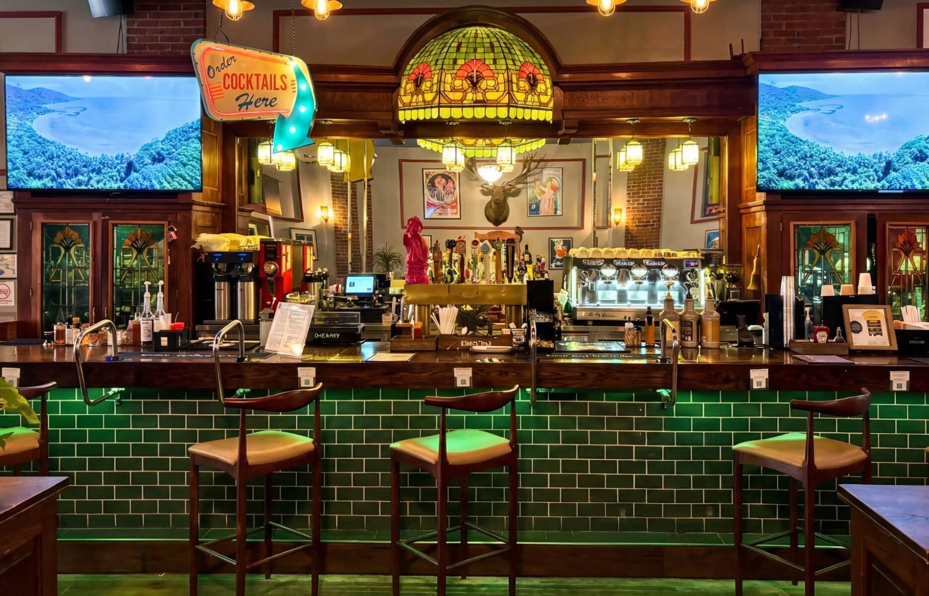 Interior of Brewskis Coffee and Bar in Bloomsburg Pennsylvania featuring coffee shop, bar, and cafe in an eclectic multi-concept space