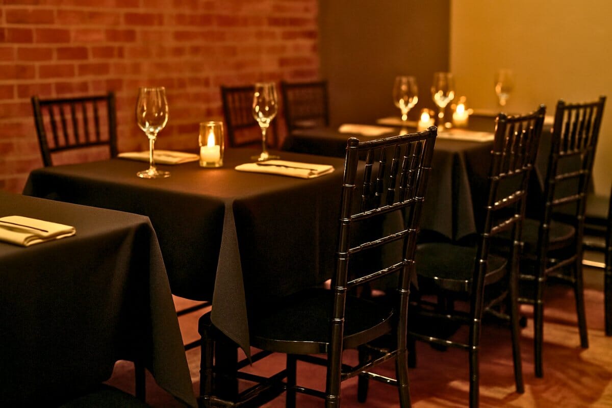 Black Chiavari chairs in an intimate restaurant private dining setup with candles