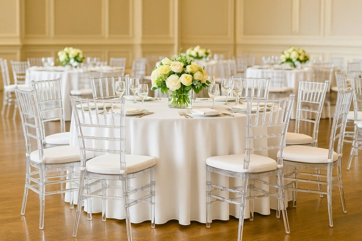 Clear Chiavari chairs around round banquet tables in a ballroom