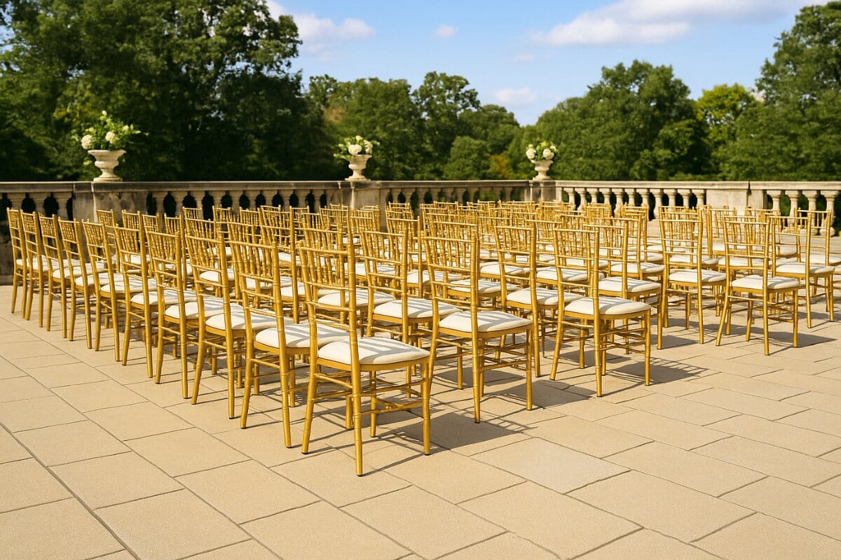 Outdoor banquet setup with rows of Chiavari chairs on a terrace overlooking greenery