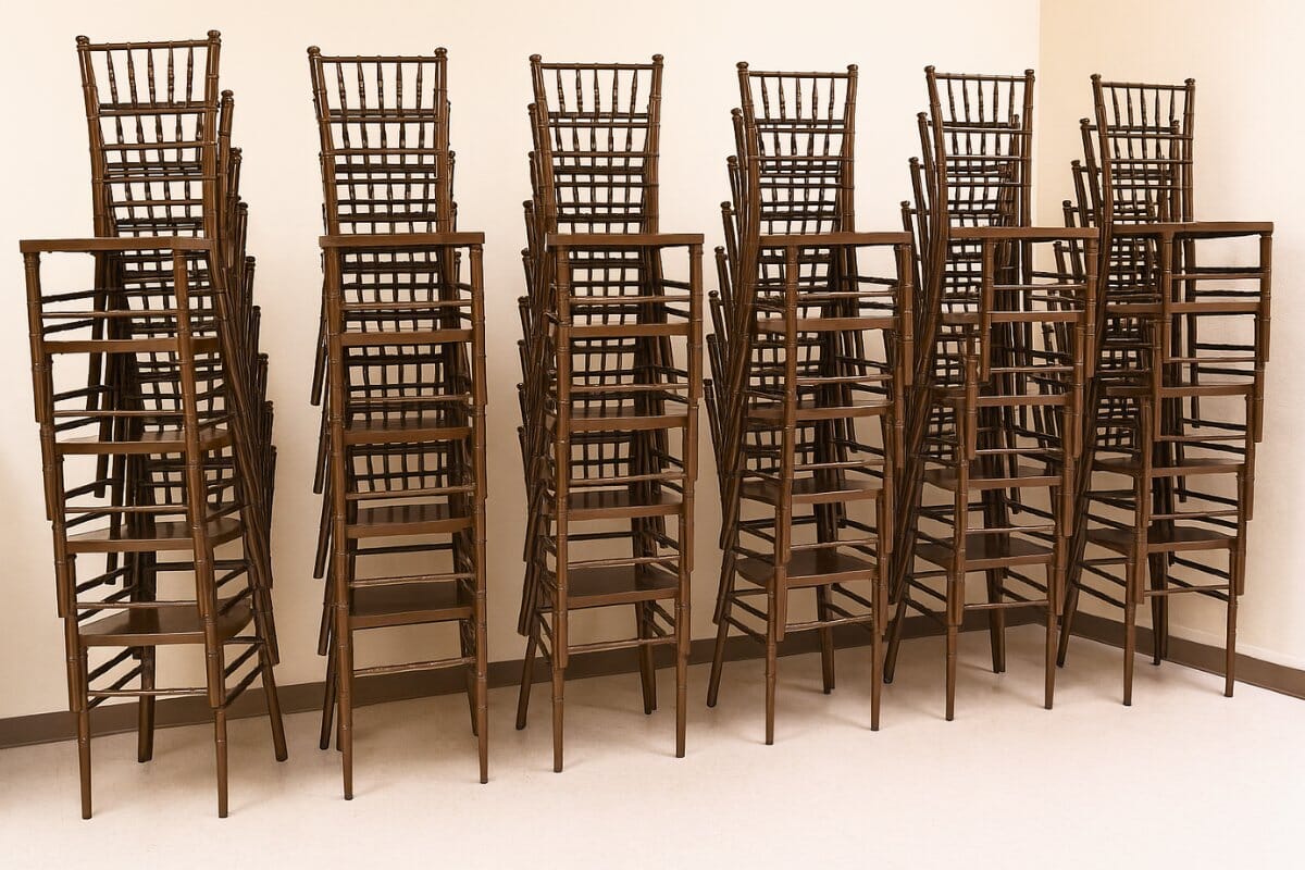Stacked Chiavari chairs in venue storage area showing space savings