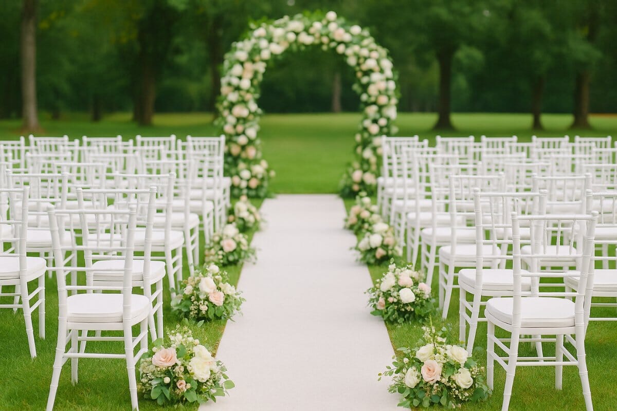 White Chiavari chairs lining a wedding aisle with floral arch