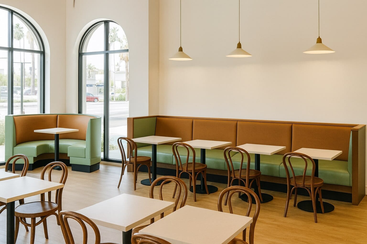 Custom restaurant booth furniture layout with multiple booth styles including channel back, V back, and tufted booths