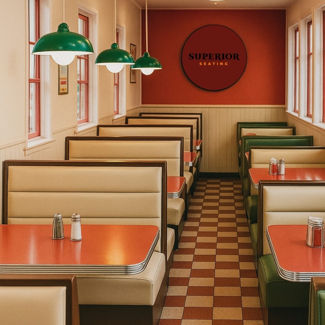 Double restaurant booth seating for four guests, back-to-back layout for efficient space use