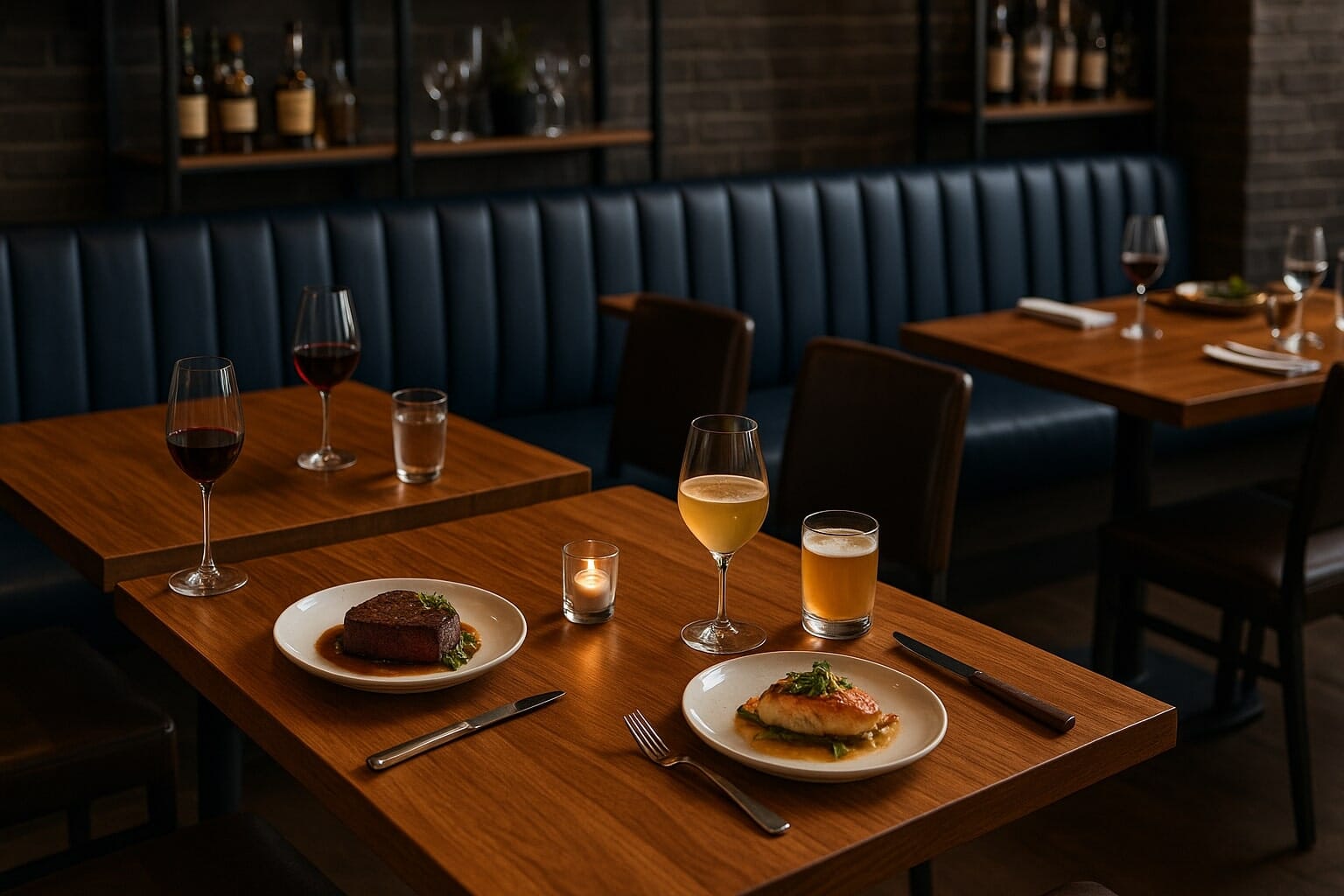Modern gastro pub with warm wood restaurant table tops set for upscale casual dining with drinks and small plates
