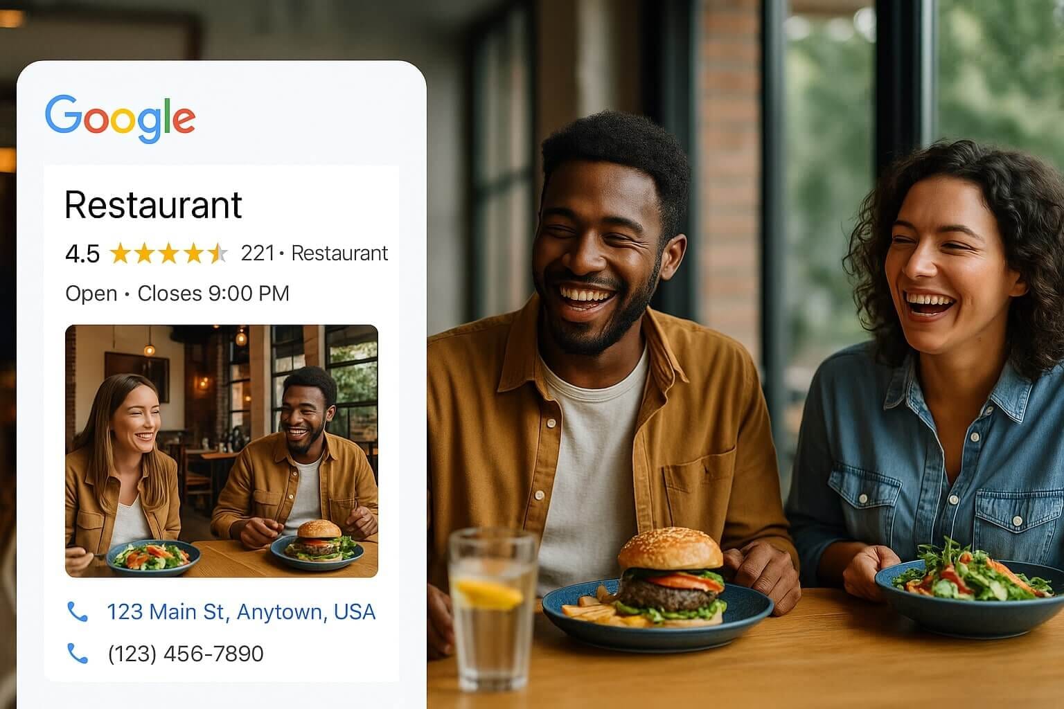 Grid of restaurant photos: signature dishes, interior ambiance, exterior signage, team