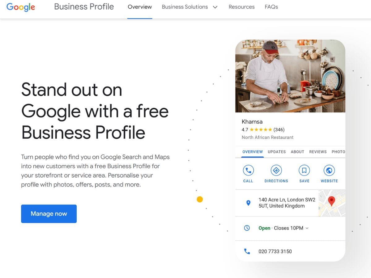 A screenshot of a free Google Business Profile for a North African restaurant, showing how businesses can stand out on Google with updated information, reviews, and photos.