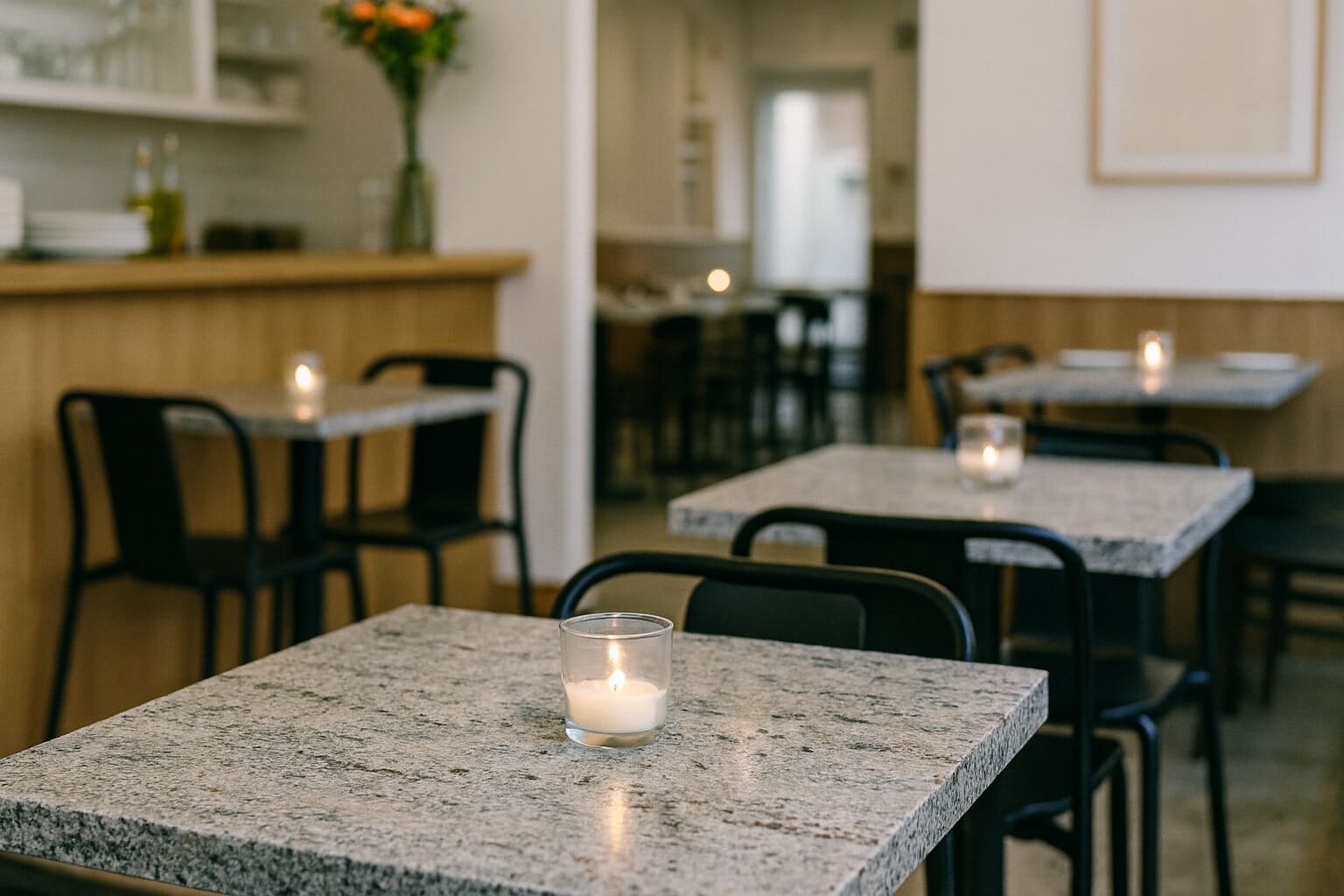 Granite restaurant table tops in a modern dining setting, polished natural stone surface with subtle veining