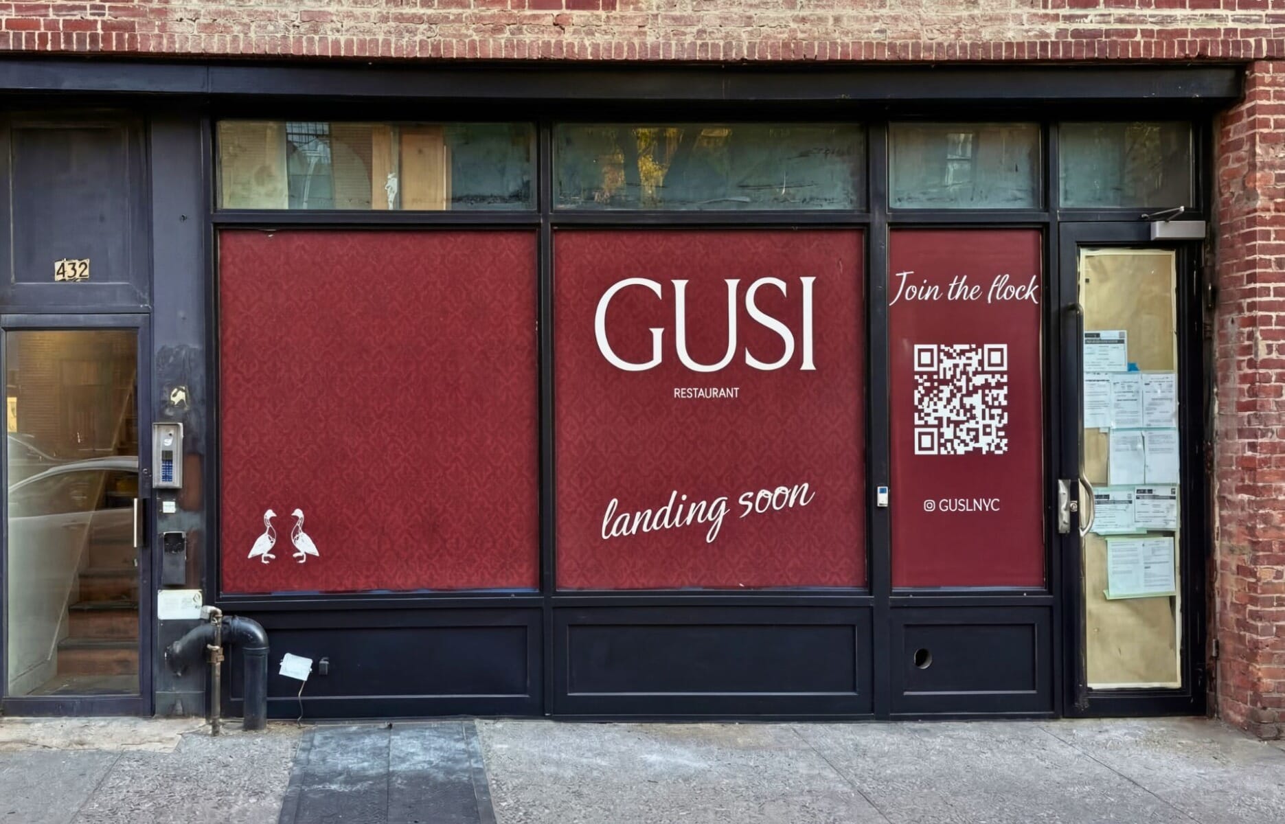Exterior storefront of Gusi Restaurant at 432 Sixth Avenue in Greenwich Village New York featuring crimson window display with white geese logo on a red brick building