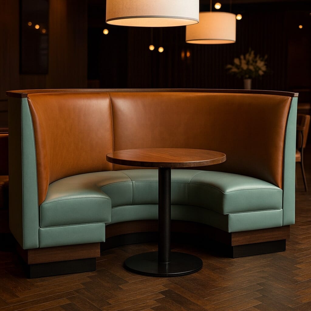Half round restaurant booth seating for five to six guests, designed for group dining