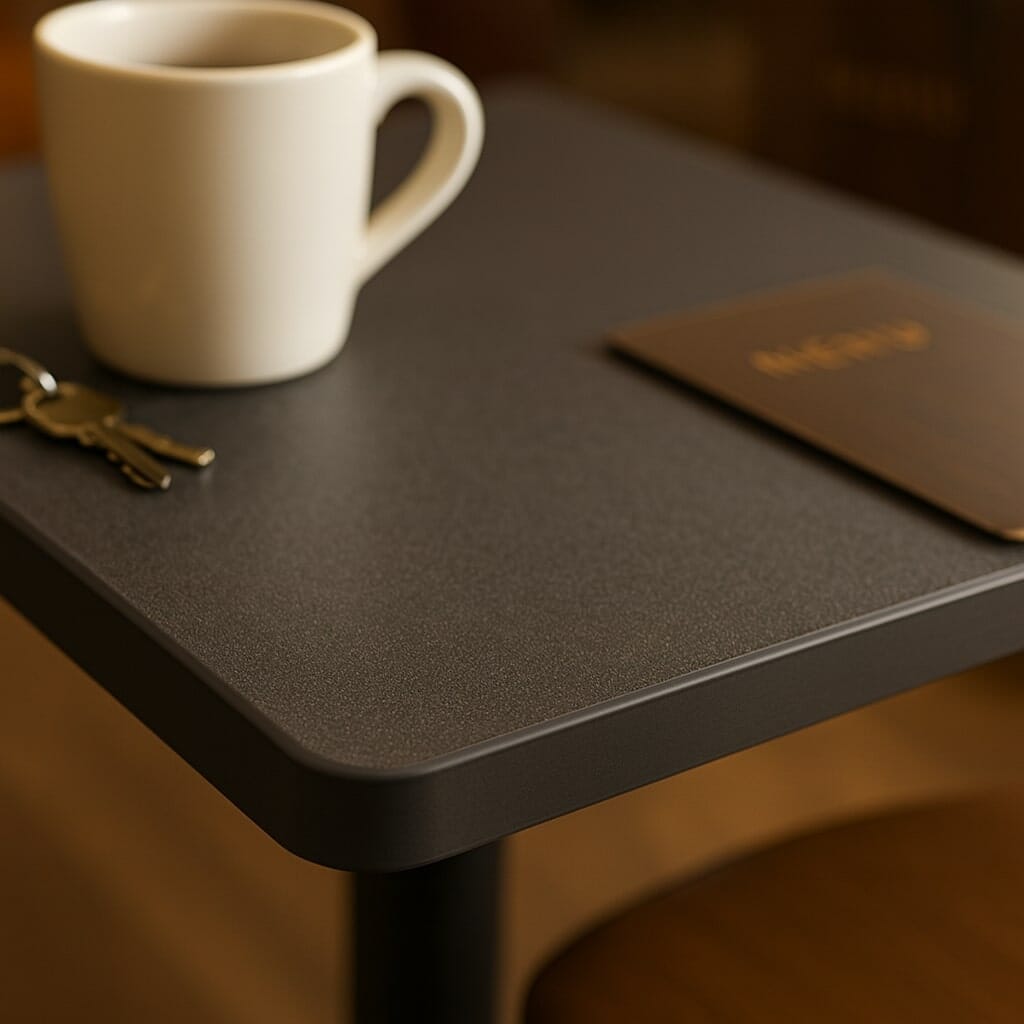 High-pressure laminate table top with matte finish and PVC edge