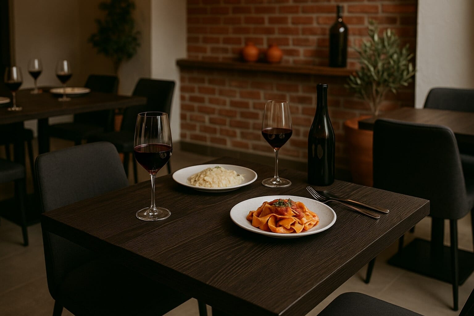 Restaurant dining setup featuring scratch-resistant melamine table tops in oak and patterned finishes