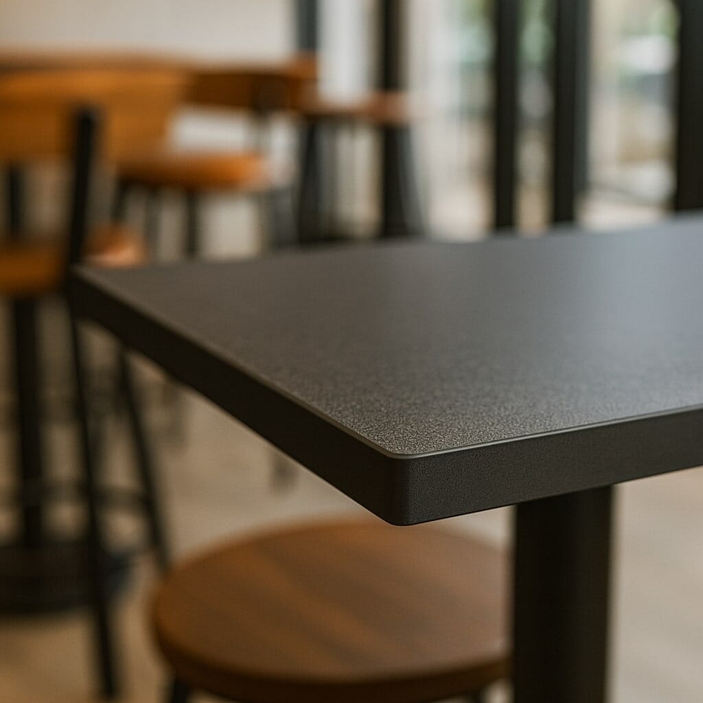 Compact laminate table top—thin profile, through-color core