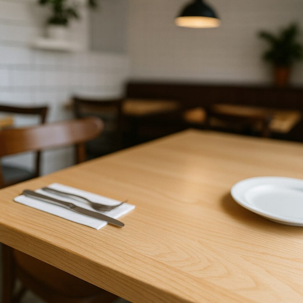 Maple restaurant table top with light tone and smooth grain