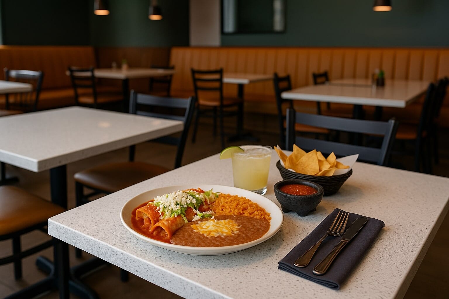 Modern restaurant scene with engineered quartz table tops set for service—clean, uniform surfaces ideal for commercial dining