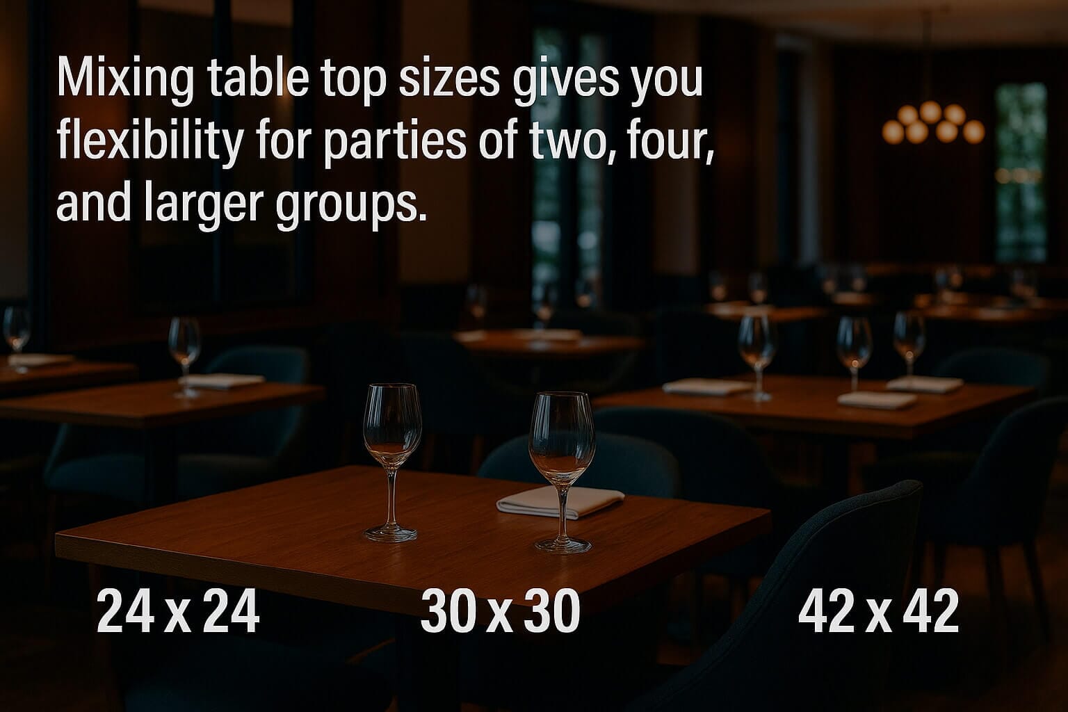 Restaurant dining room with labeled table top sizes 24x24, 30x30, and 42x42 showing flexibility for parties of two, four, and larger groups.