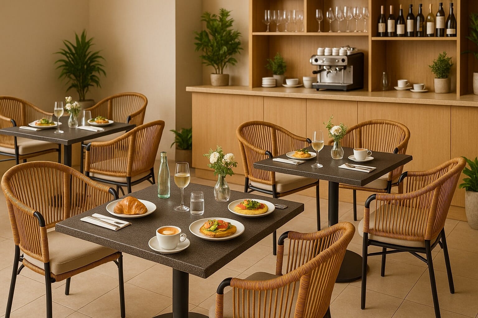 Modern bistro setup with resin, synthetic teak, and sintered stone table tops displayed in outdoor dining layouts