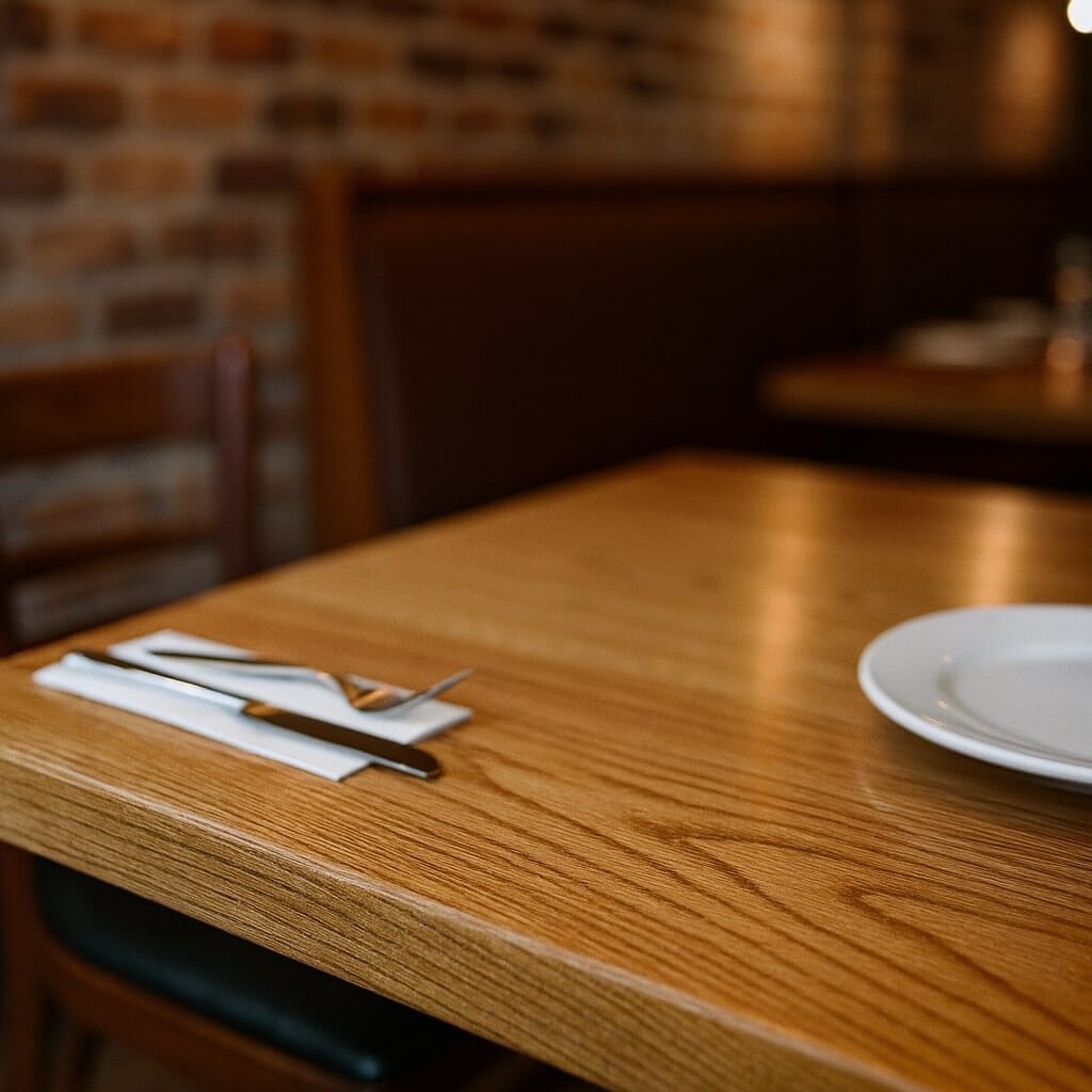 Oak restaurant table top—close-up of grain and finish