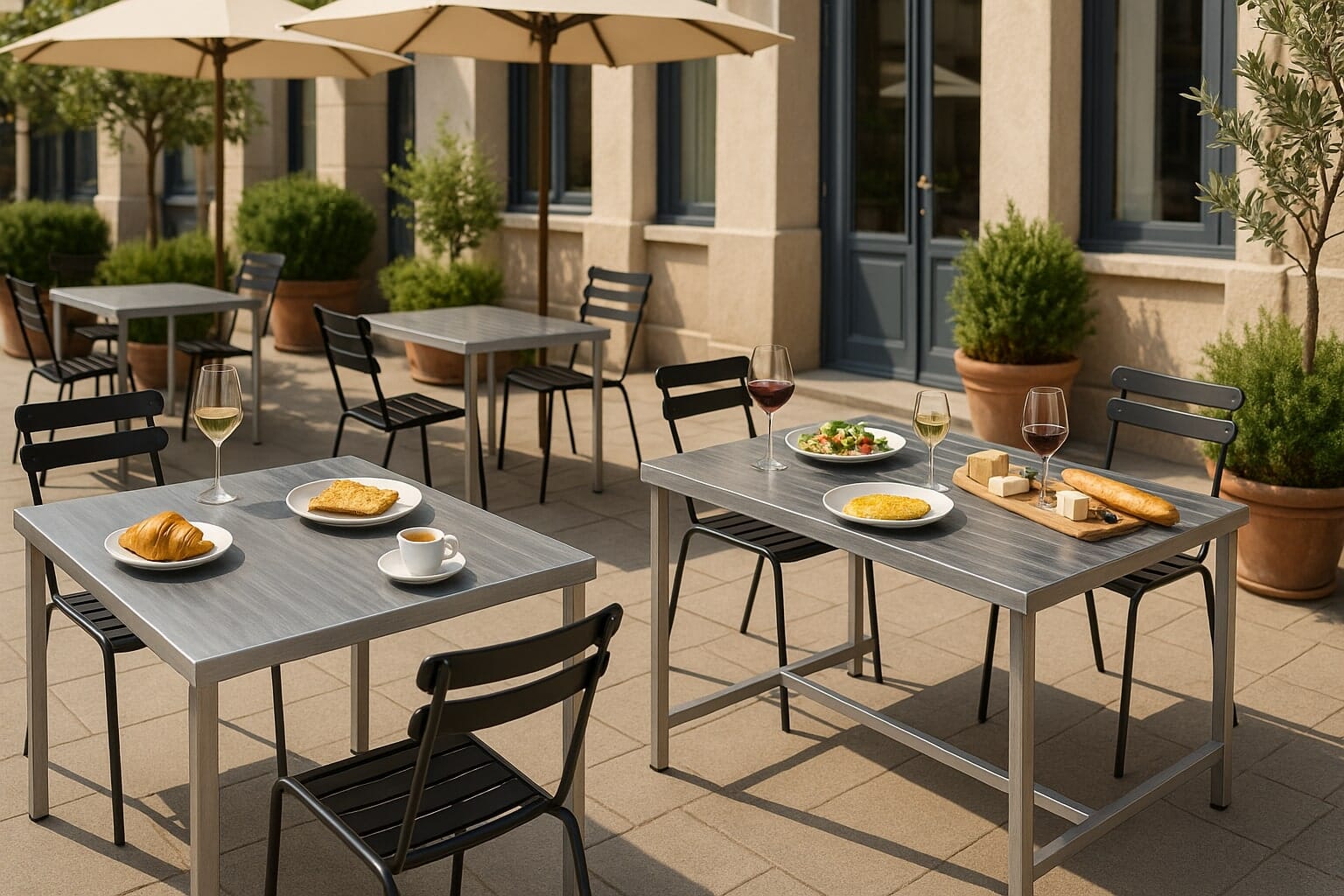 Outdoor dining setup with aluminum and stainless steel restaurant table tops, neutral decor and patio umbrellas