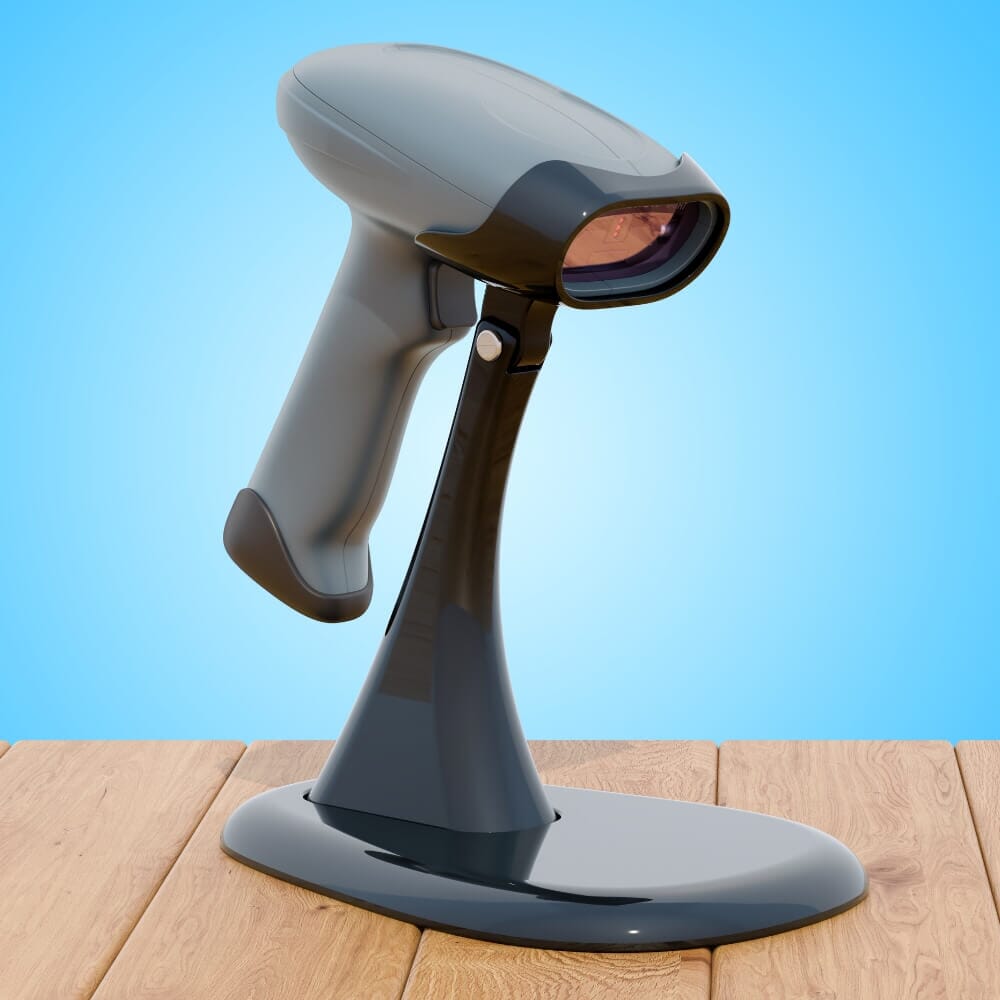 Handheld barcode scanner for restaurant POS system on wooden counter with blue background
