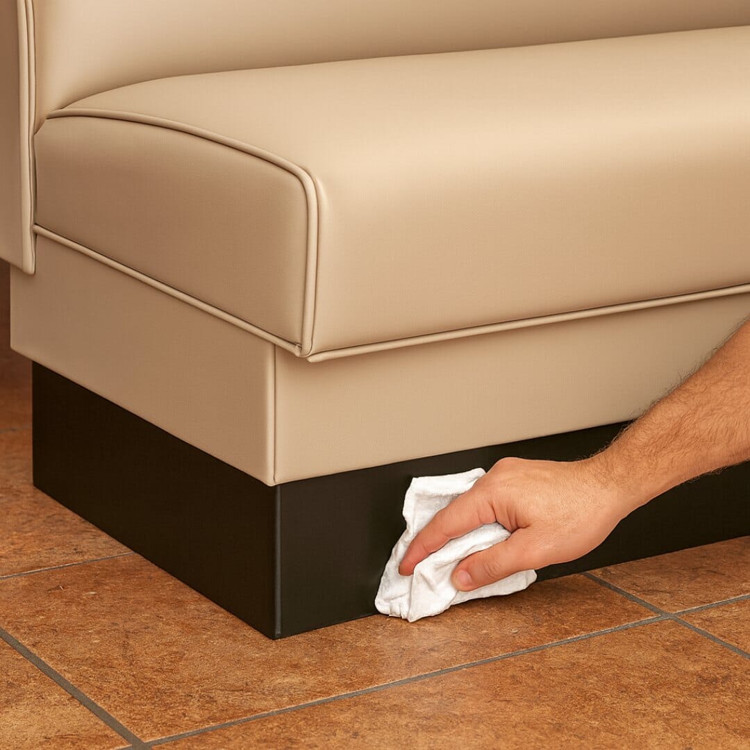 Vinyl toe kick panel protecting booth base from scuffs