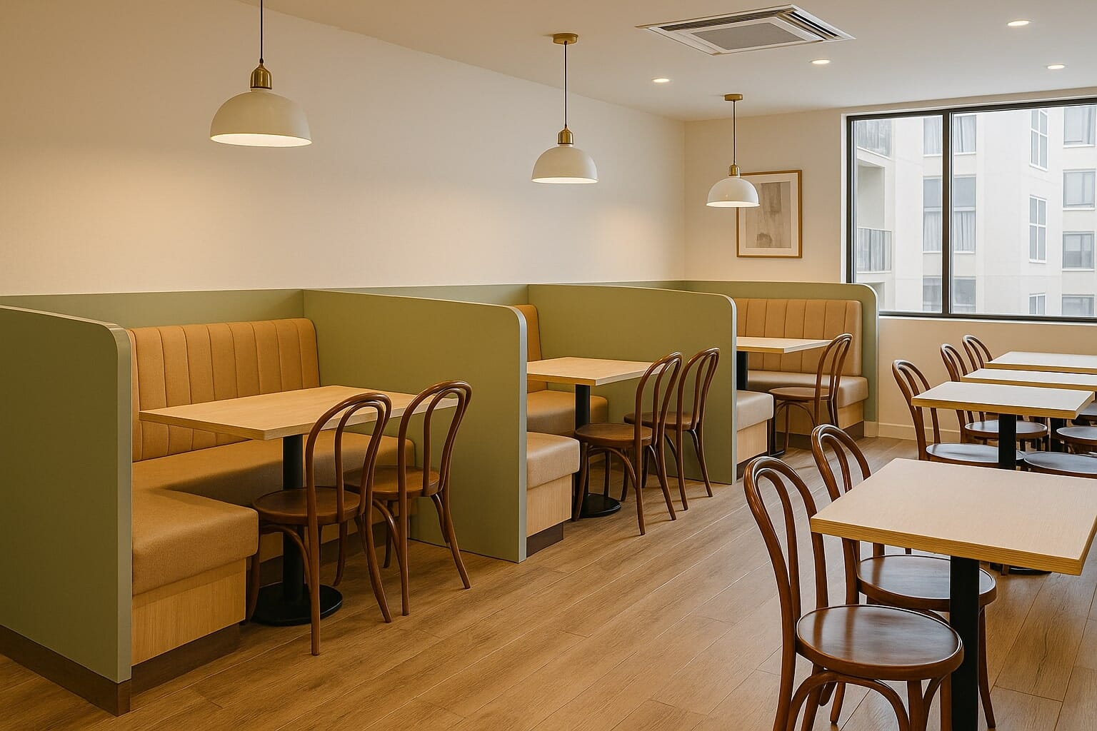 Restaurant dining room layout showing booth seating compared with chair and table arrangements
