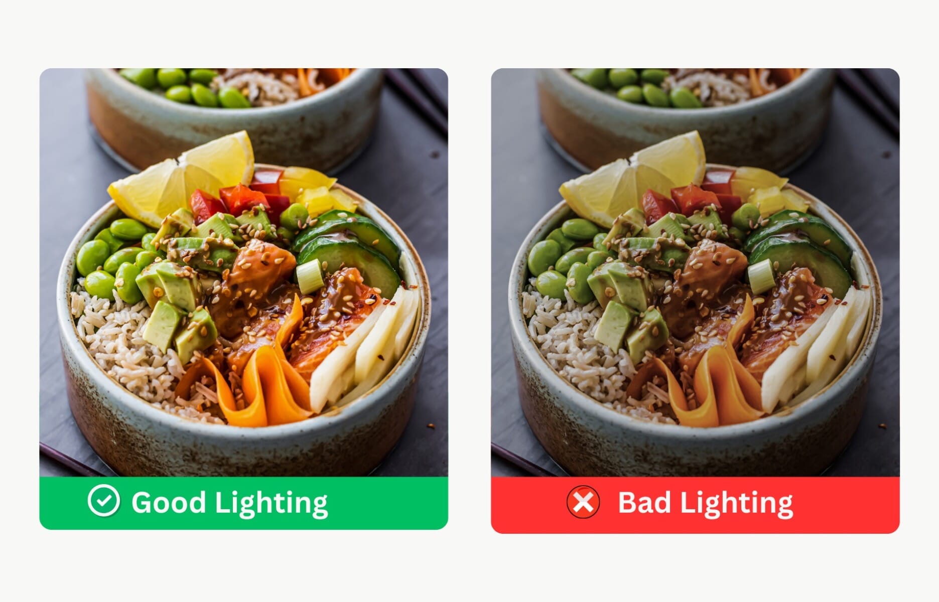 Side-by-side comparison of good and bad restaurant food photography — well-lit plated dish versus a dark, unflattering shot of the same food