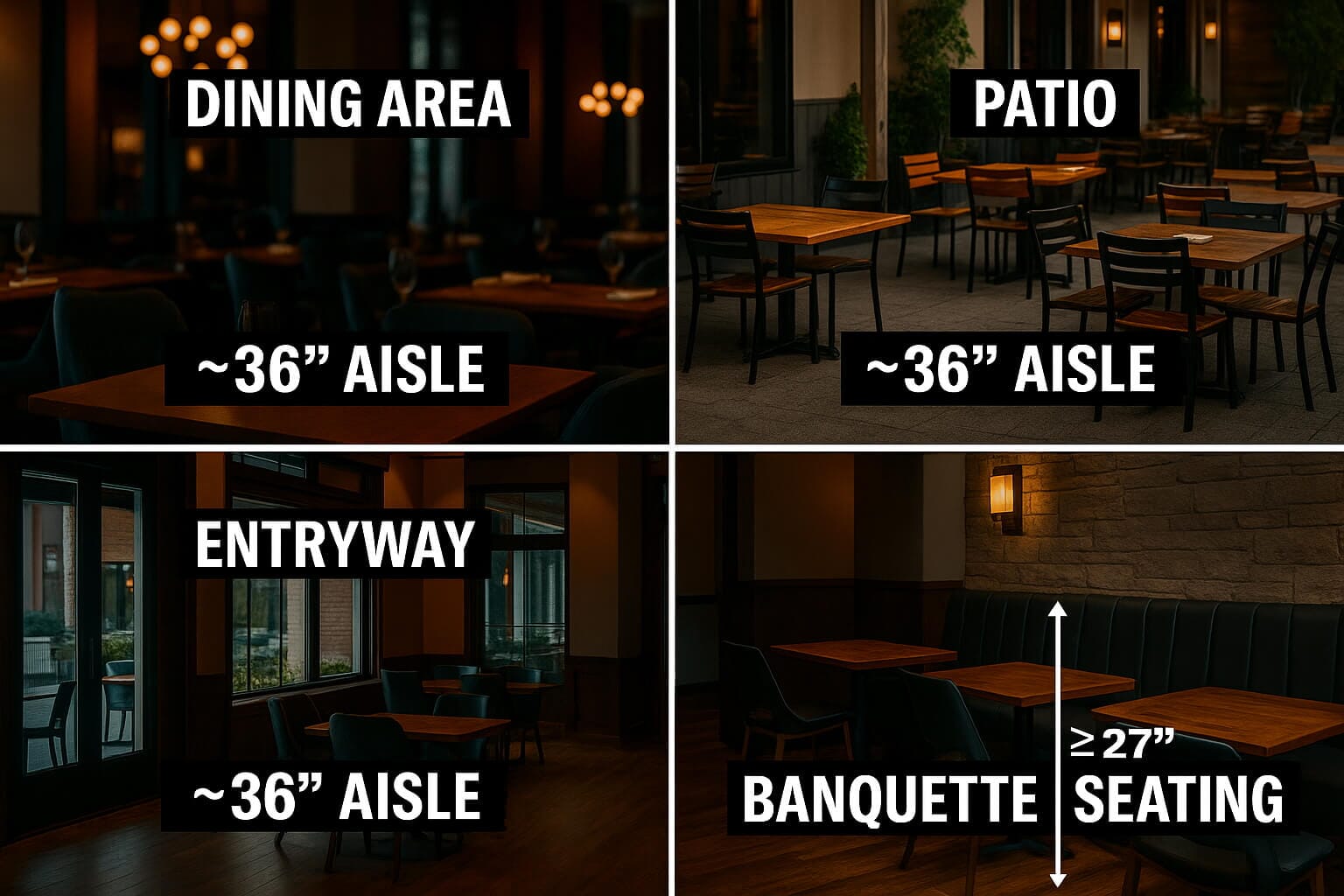 Restaurant layout illustration showing dining area, patio, entryway, and banquette seating with aisle spacing and ADA clearance labels.