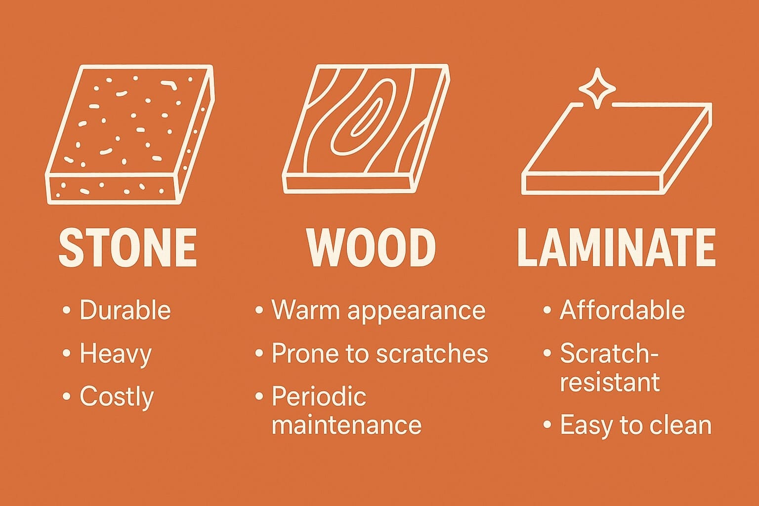Restaurant table top material specs chart comparing stone, wood, and laminate: thickness, edge profiles, finish options, weight, and outdoor suitability.