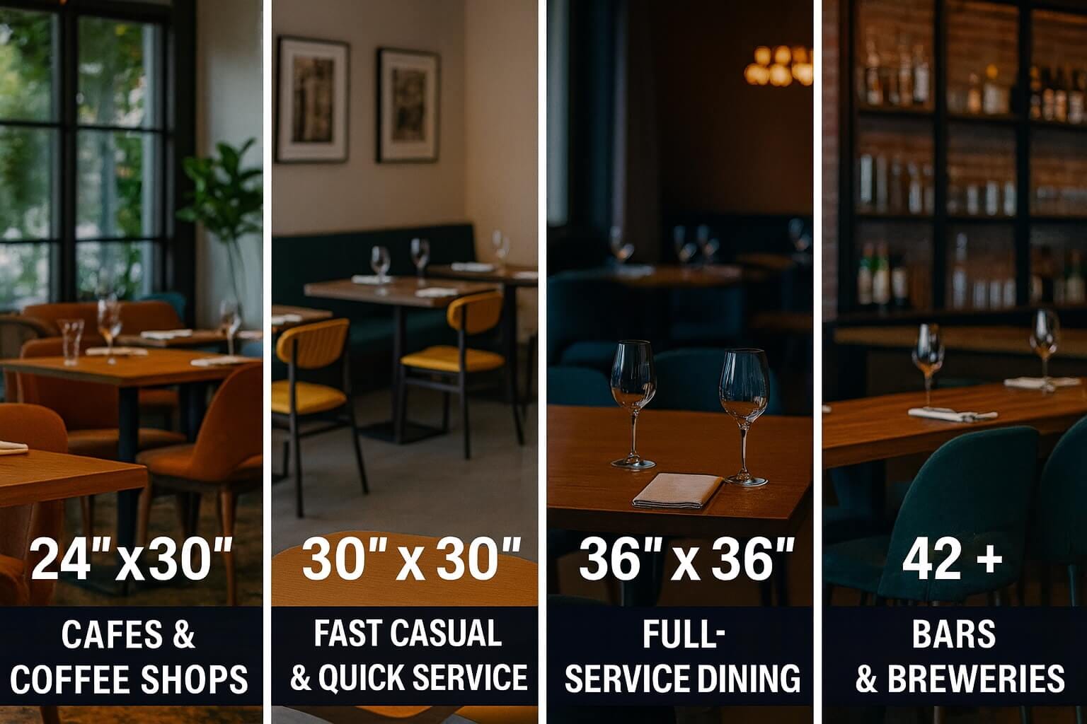 Comparison of restaurant table top sizes by concept: 24x30 for cafés, 30x30 for fast casual, 36x36 for full-service dining, and 42+ for bars and breweries.
