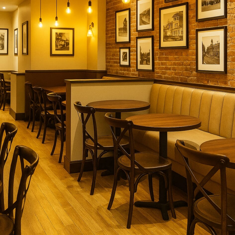 Wall bench restaurant booth with flexible table setup for groups of four to six guests