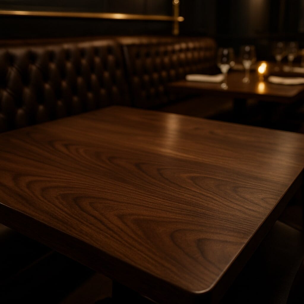 Walnut restaurant table top—rich dark grain and polished finish