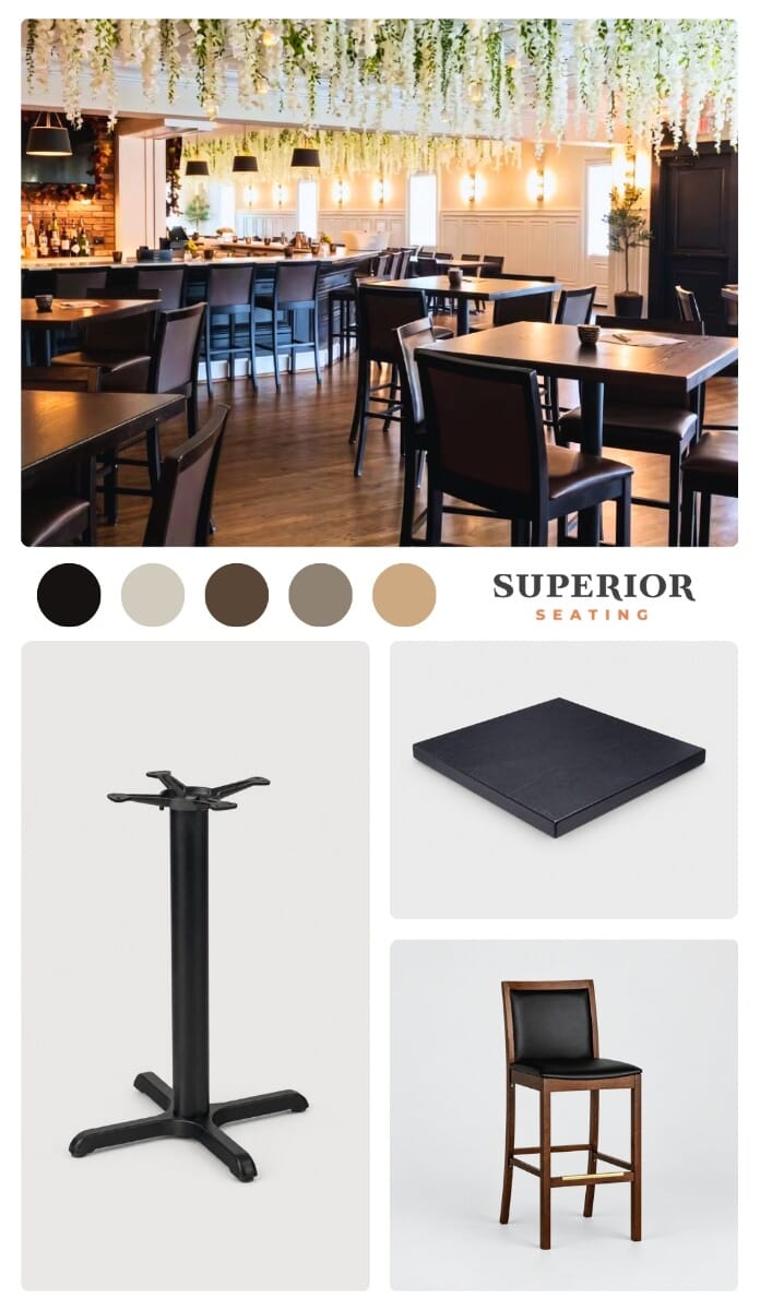 Branches Catering wedding and event venue moodboard featuring black oak, walnut wood, dark upholstery, black commercial bases, deep red accents, warm ballroom lighting, florals, and elegant event table settings.
