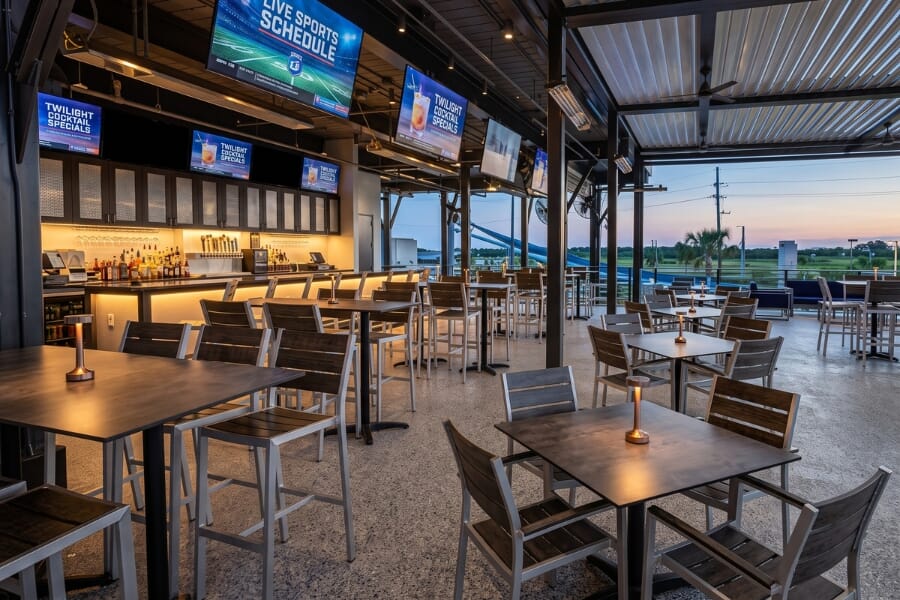 PopStroke Katy mini golf and sports bar featuring brushed aluminum commercial outdoor tables, pewter synthetic teak chairs, and flexible restaurant seating beside the putting courses.
