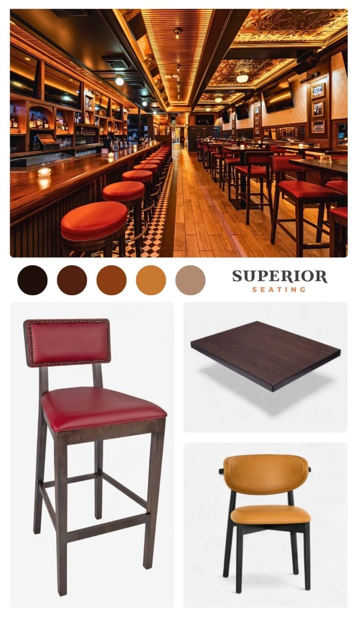 Mood board—walnut plank tops, brass nailhead details, rouge vinyl, and black metal bases for a classic tavern palette