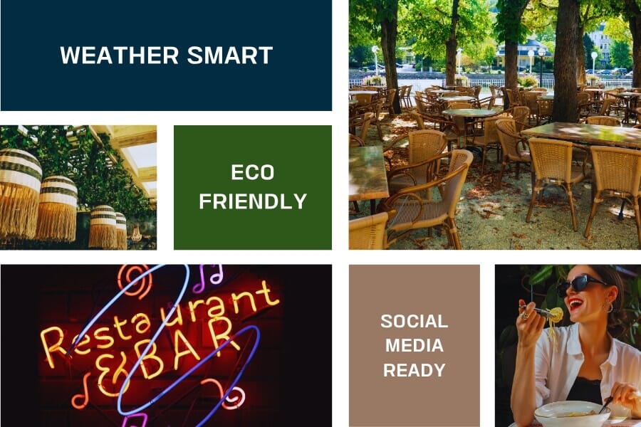 Outdoor restaurant trends 2025: fire pit, greenery walls, and modular furniture