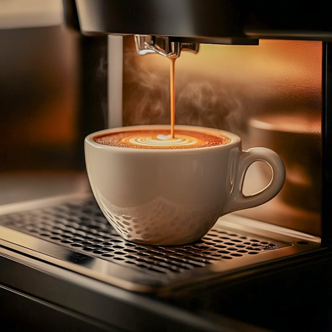 Close-up of espresso machine pouring latte with latte art at STL Cafe Miami