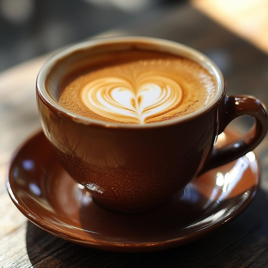 Heart-shaped latte art in brown ceramic cup at STL Cafe Miami