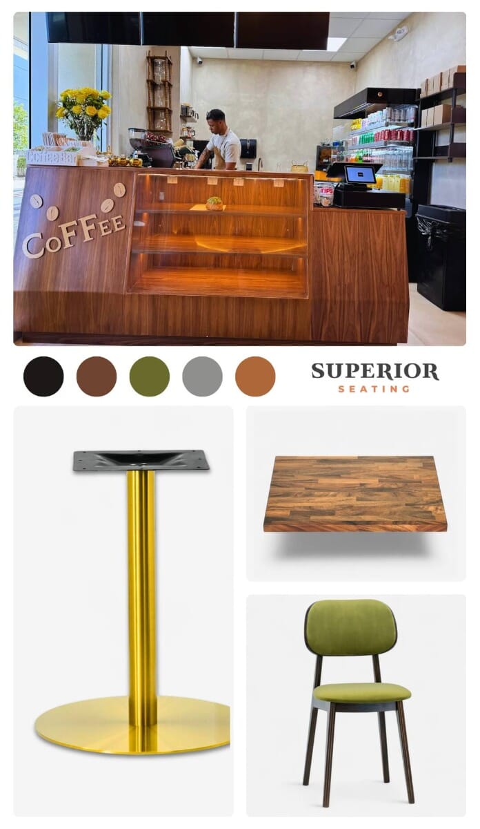 Moodboard for STL Cafe featuring wood chairs, gold table bases, and solid wood surfaces