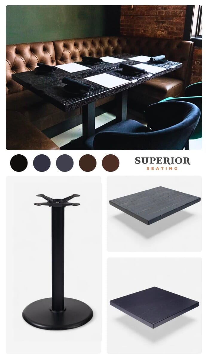 Mood board for Strickland’s Steakhouse—ancient black stains, reclaimed wood textures, iron bases and custom chairs