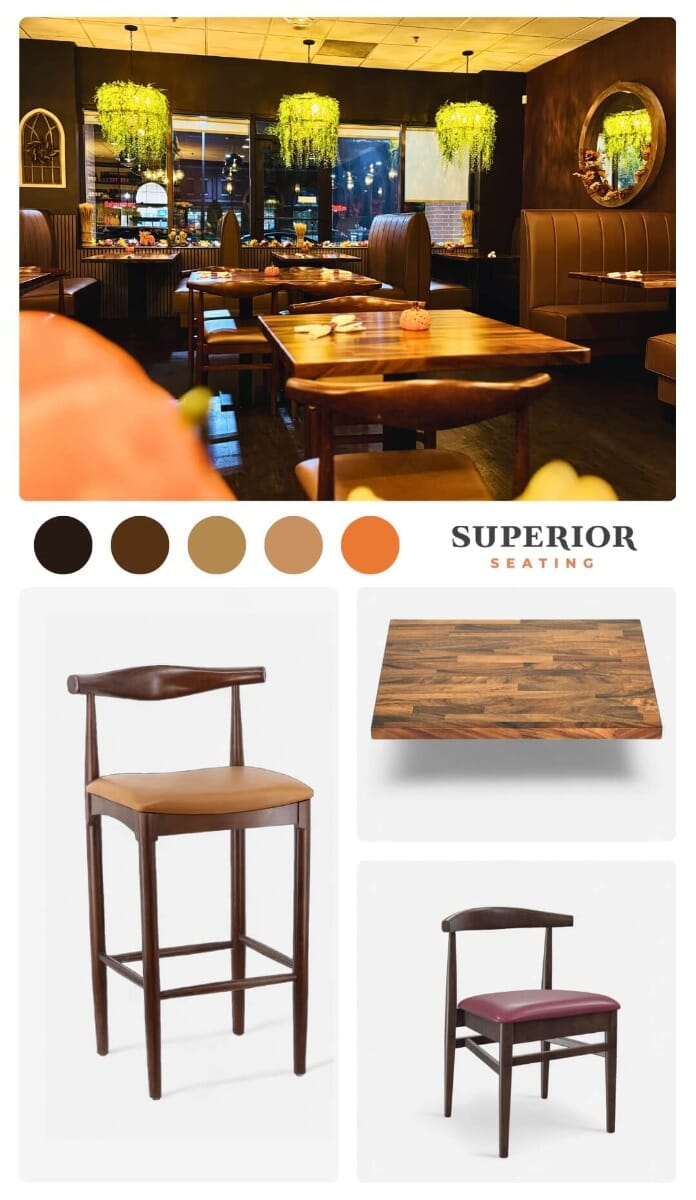 Thai Season mood board showing dining room, color swatches, walnut bar stool, table top and chair.