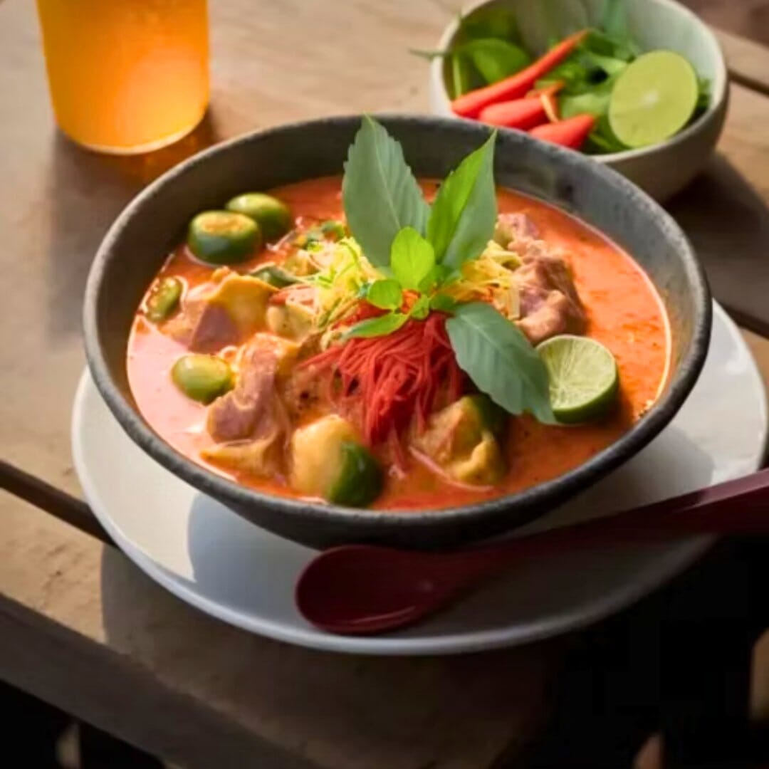 Thai Season red curry with pork, Thai eggplant, basil leaves and lime served in black bowl.