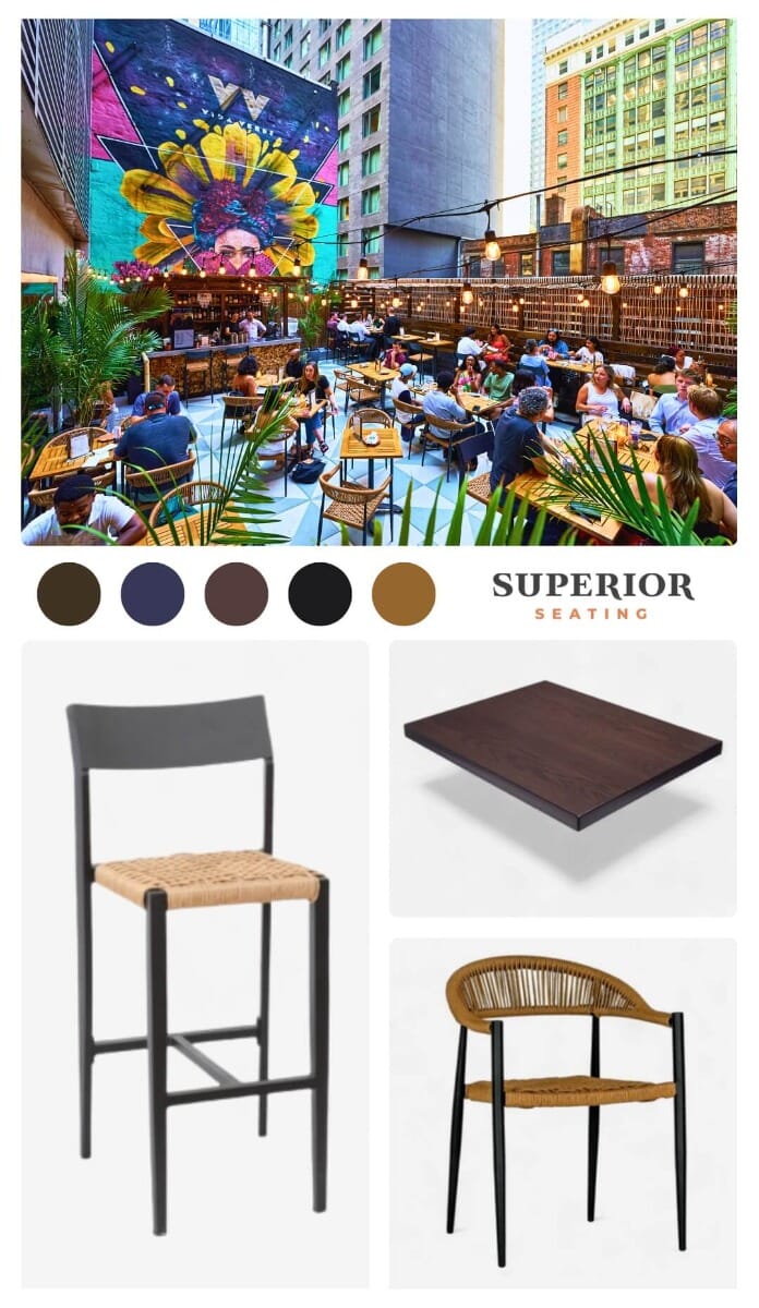 Mood board for Vida Verde—walnut tops, gold bases, and colorful chairs set against rooftop greenery