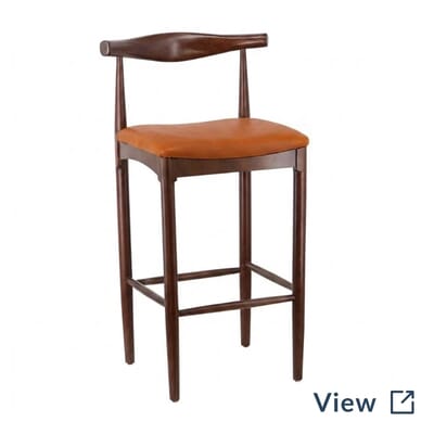 Antique walnut elm wood commercial restaurant bar stool with English Pub Rust upholstered seat used at De Nada.