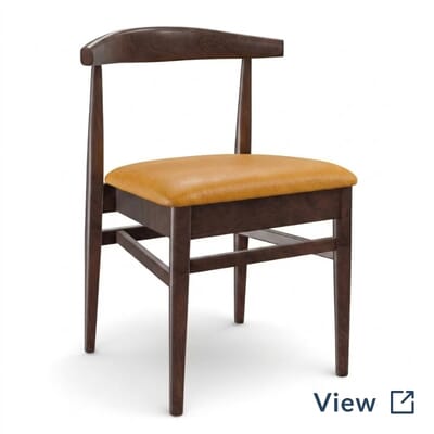Stackable antique walnut elm wood restaurant chair with Traveler Hay upholstered seat used in De Nada Birmingham.