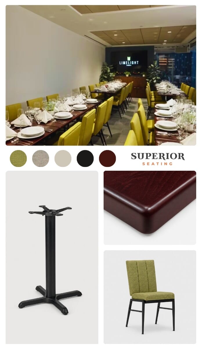 Limelight Hawaii event furniture moodboard featuring banquet chairs, dark mahogany table tops, black table bases, copper finishes, and warm event lighting.